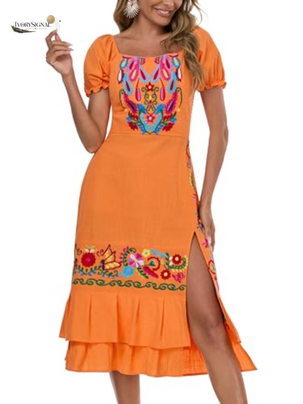 Women Cotton Embroidered Boho Midi Dress Puff Sleeve Sundress Split Leg